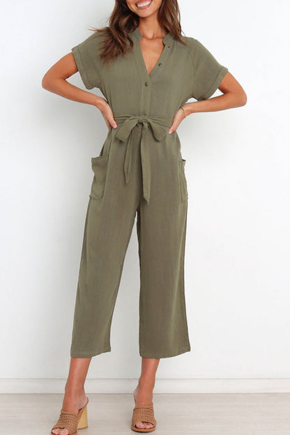 Simplicity Pocket Frenulum V Neck Regular Jumpsuits