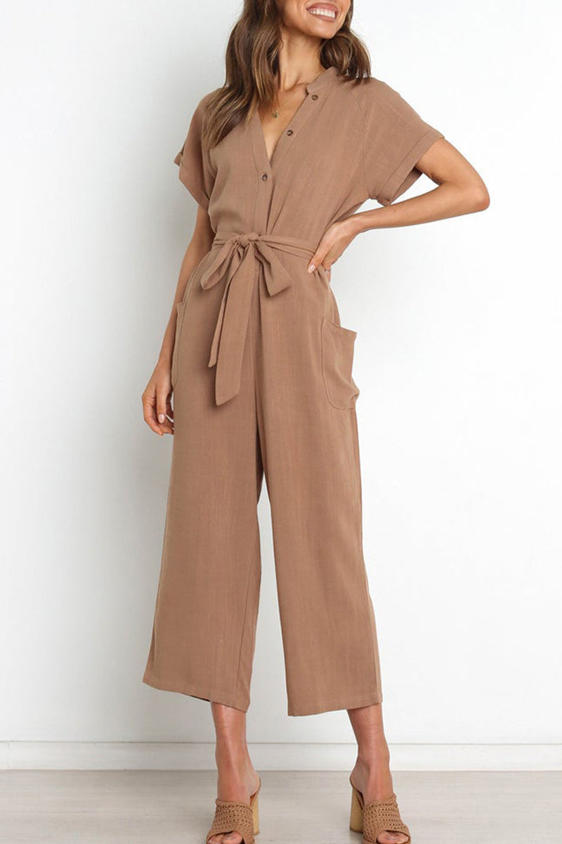 Simplicity Pocket Frenulum V Neck Regular Jumpsuits