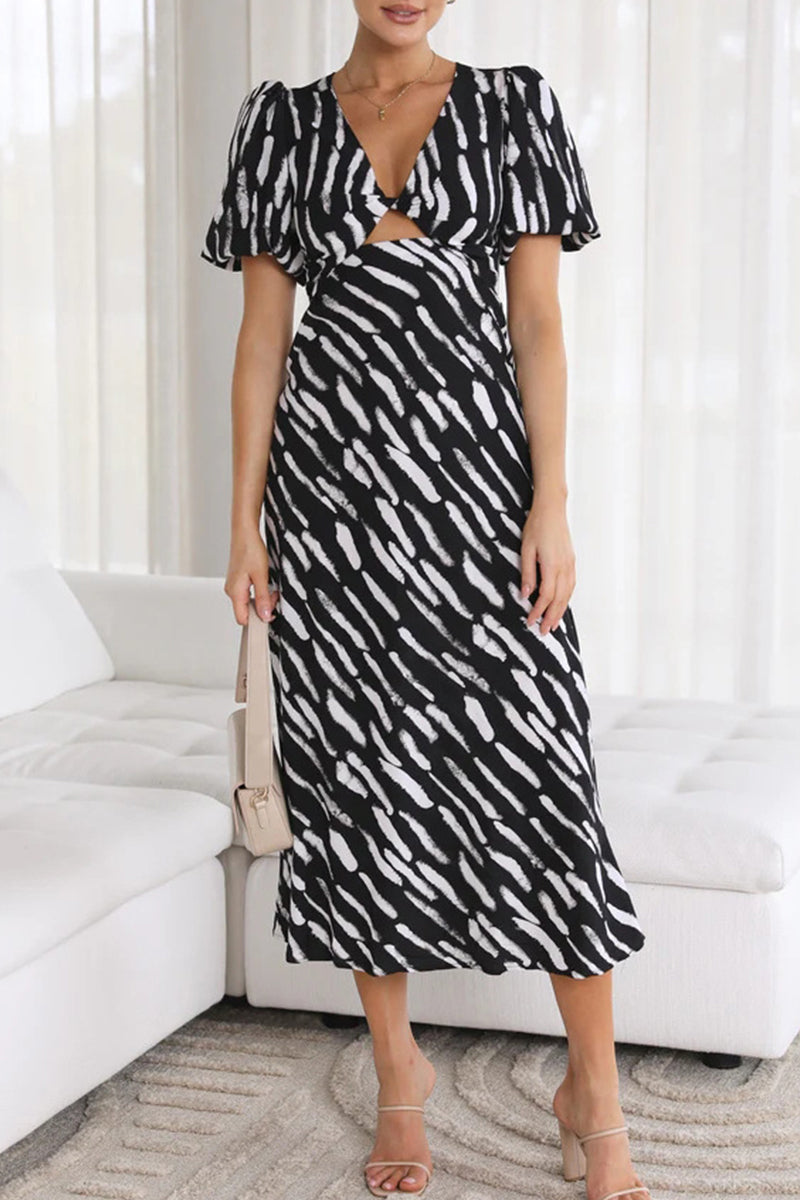 Sweet Geometric Patchwork V Neck Waist Skirt Dresses
