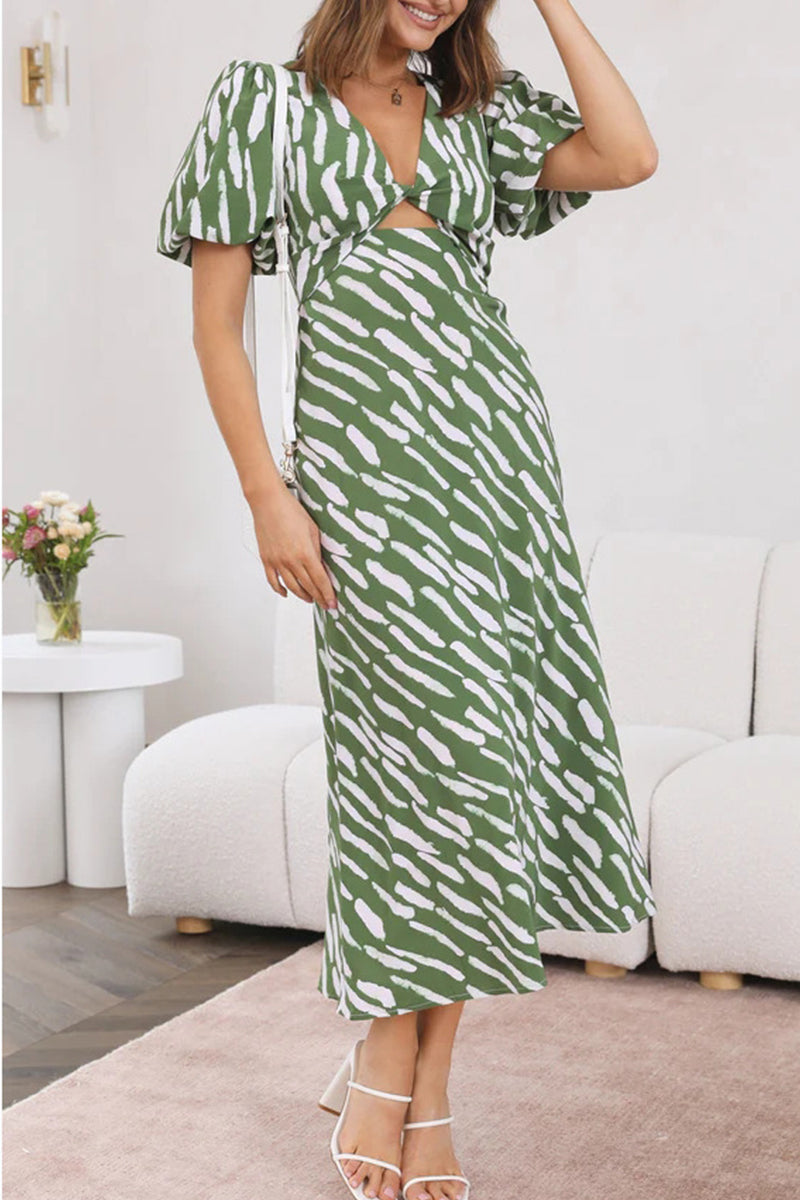 Sweet Geometric Patchwork V Neck Waist Skirt Dresses