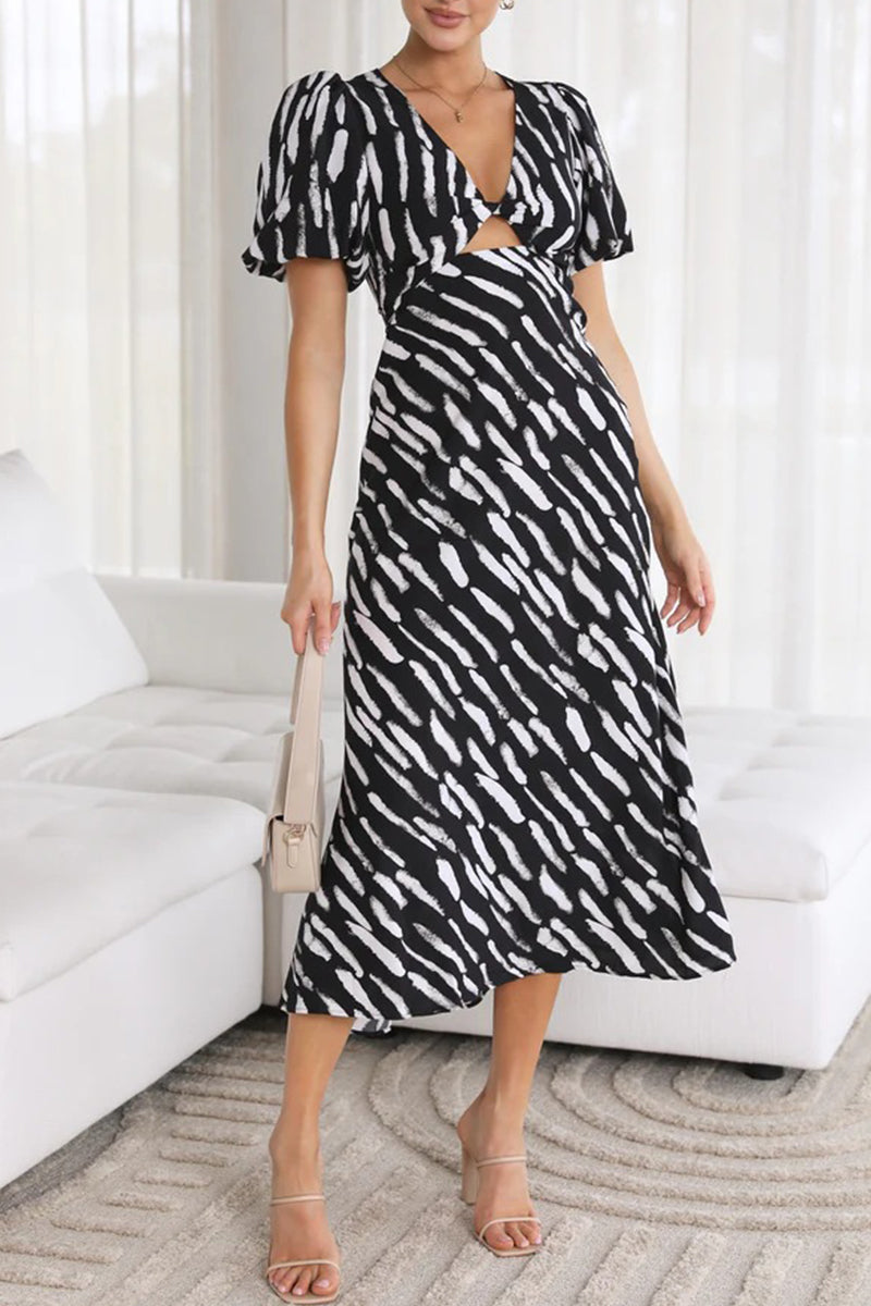 Sweet Geometric Patchwork V Neck Waist Skirt Dresses