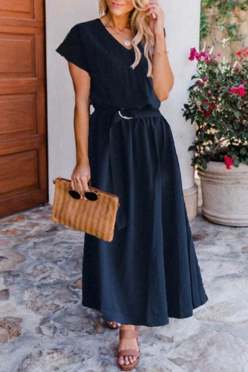 With Belt V Neck Waist Skirt Short Sleeve Dress(6 Colors)