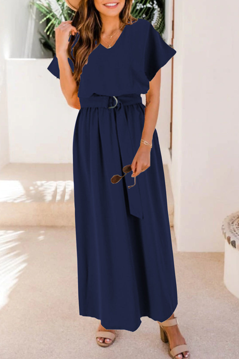 With Belt V Neck Waist Skirt Short Sleeve Dress(6 Colors)
