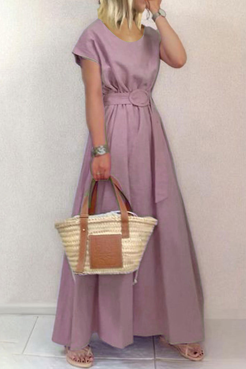 With Belt O Neck Waist Skirt Dresses
