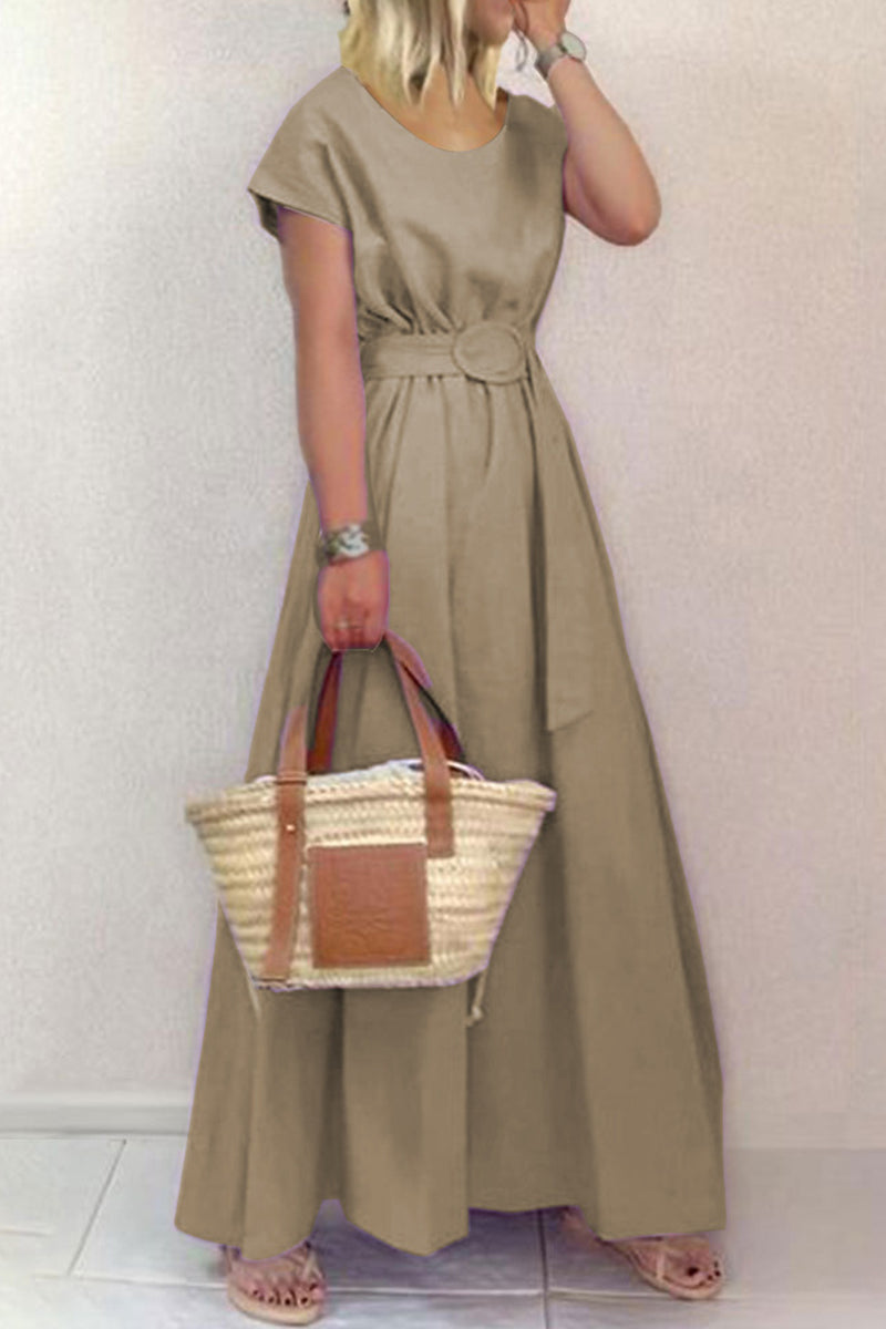 With Belt O Neck Waist Skirt Dresses
