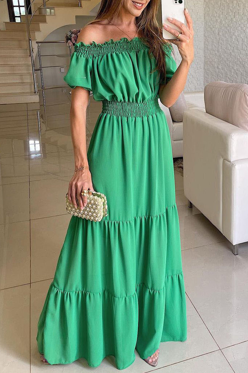 Color Off the Shoulder Waist Skirt Dresses