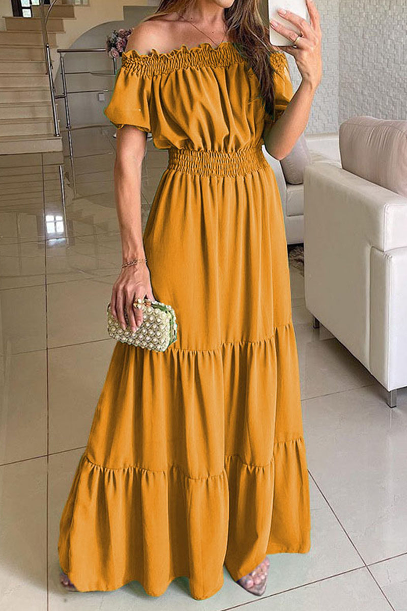 Color Off the Shoulder Waist Skirt Dresses
