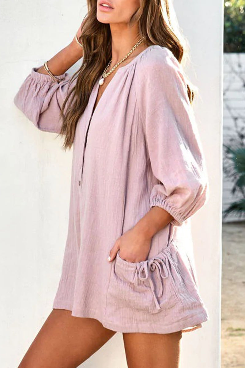 Simplicity Pocket V Neck Loose Rompers