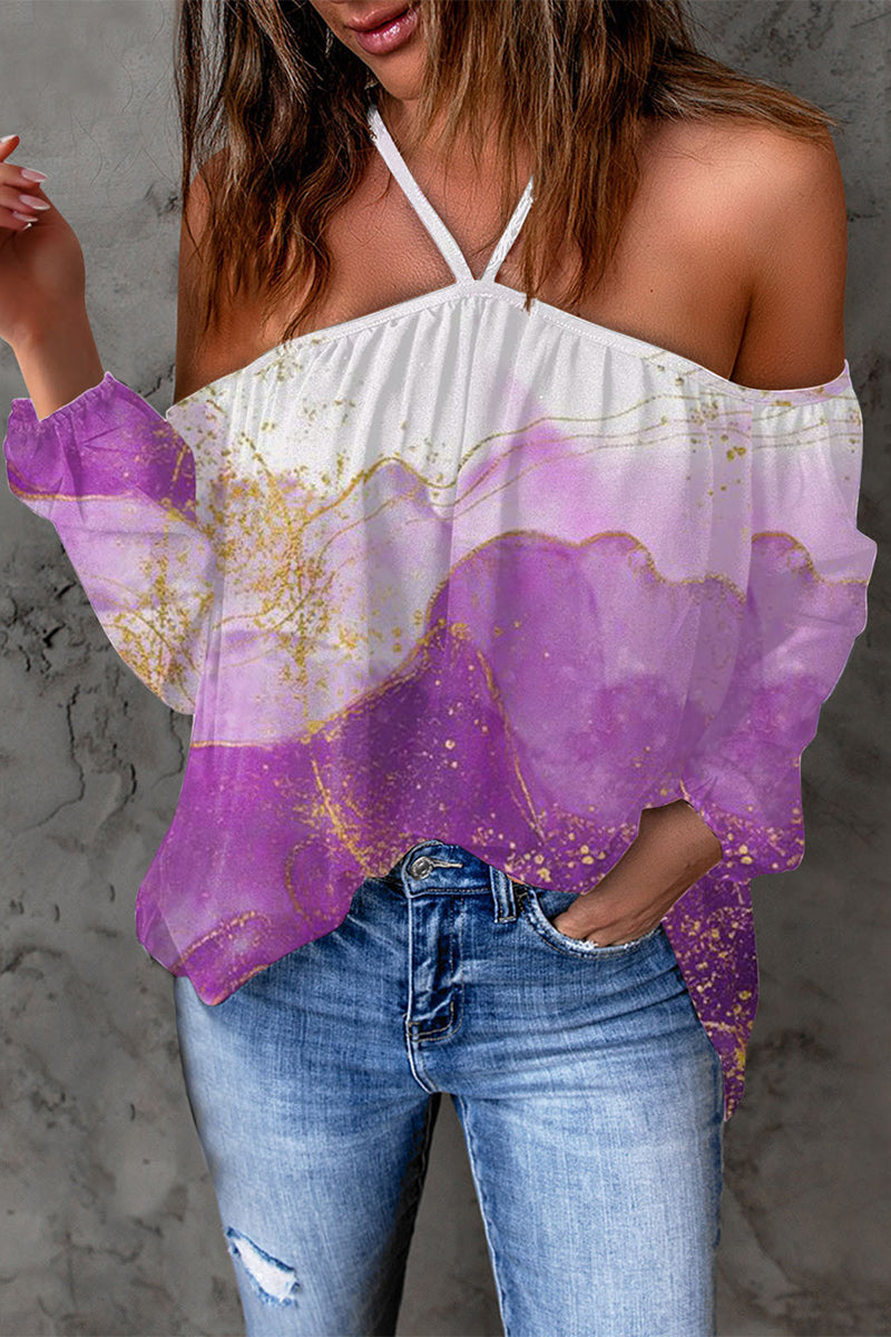 Print Patchwork Backless Halter T-shirts(15 Colors)