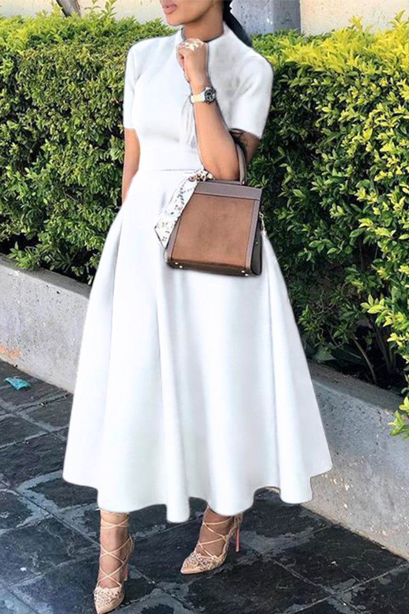 Celebrities Color O Neck Waist Skirt Dresses(4 Colors)