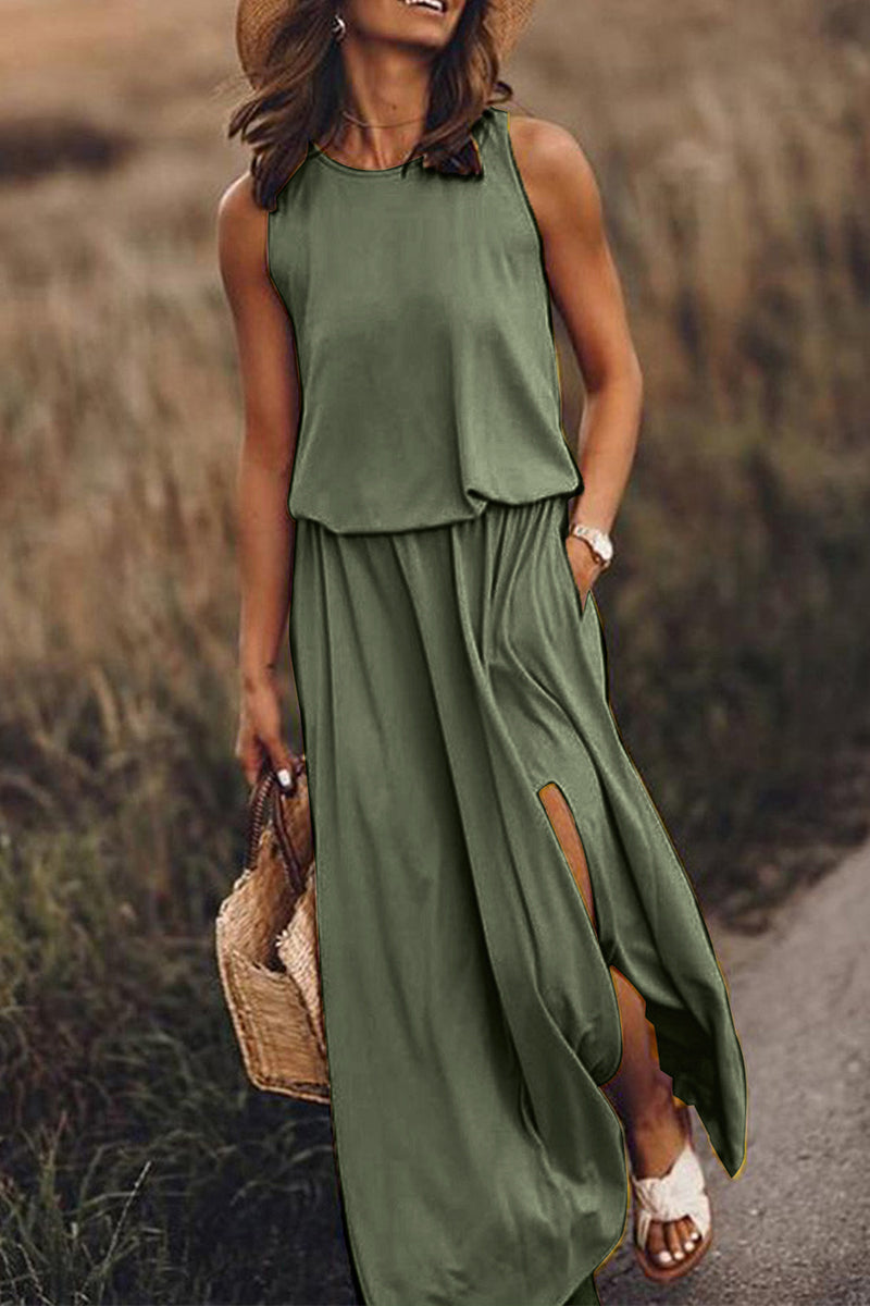 Slit O Neck Waist Skirt Dresses(8 Colors)