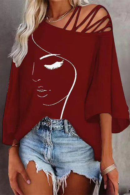 Print Patchwork Oblique Collar T-shirts(5 Colors)