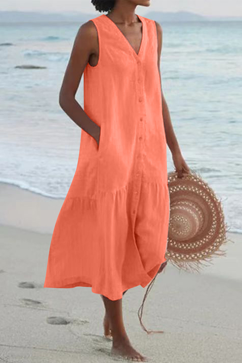 Buckle V Neck Cake Skirt Dresses(7 Colors)
