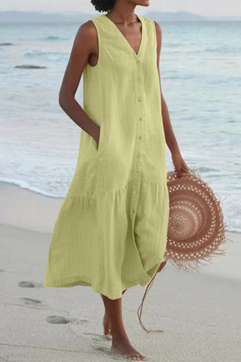 Buckle V Neck Cake Skirt Dresses(7 Colors)