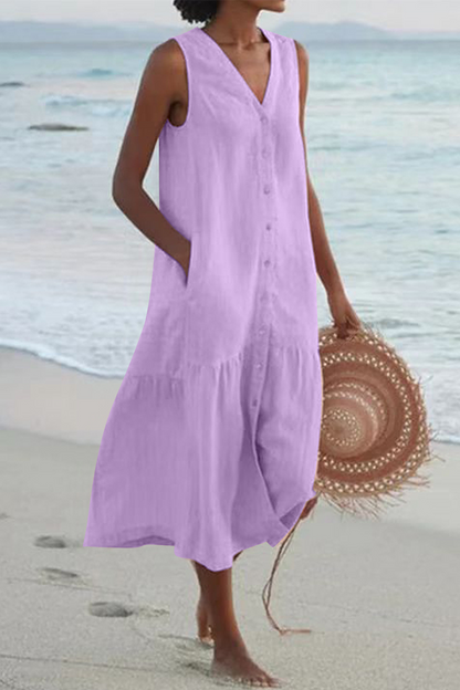 Buckle V Neck Cake Skirt Dresses(7 Colors)