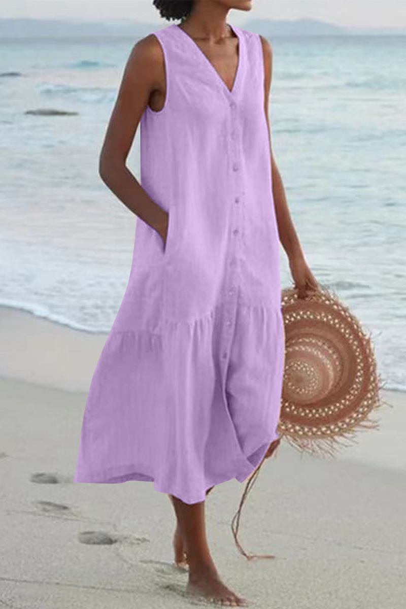 Buckle V Neck Cake Skirt Dresses(7 Colors)