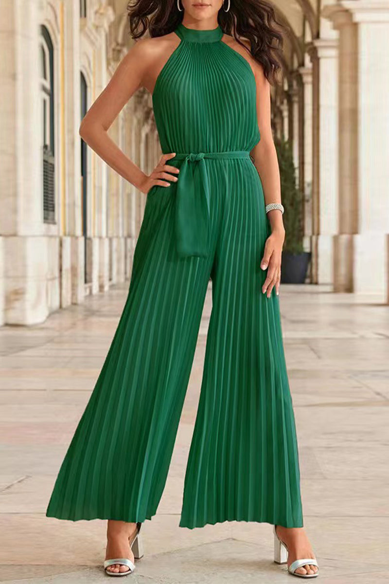 Simplicity Frenulum Fold Halter Loose Jumpsuits
