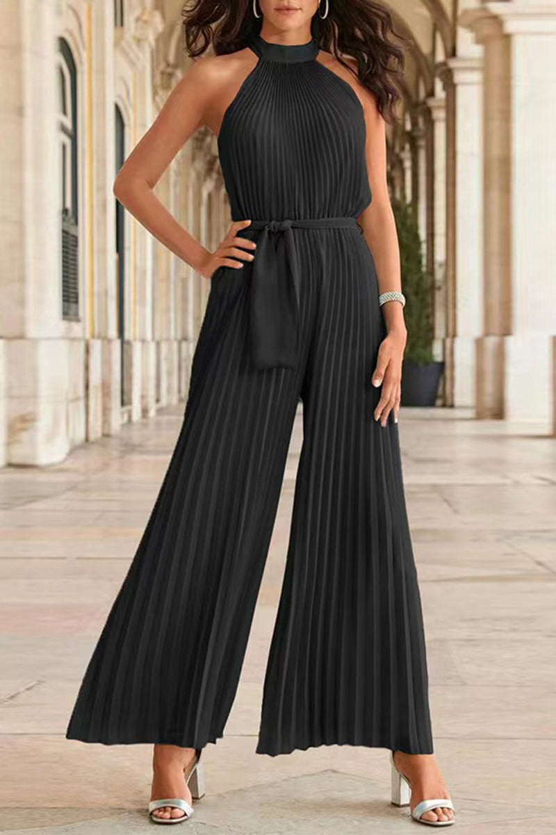 Simplicity Frenulum Fold Halter Loose Jumpsuits