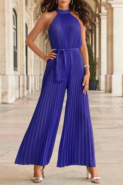 Simplicity Frenulum Fold Halter Loose Jumpsuits