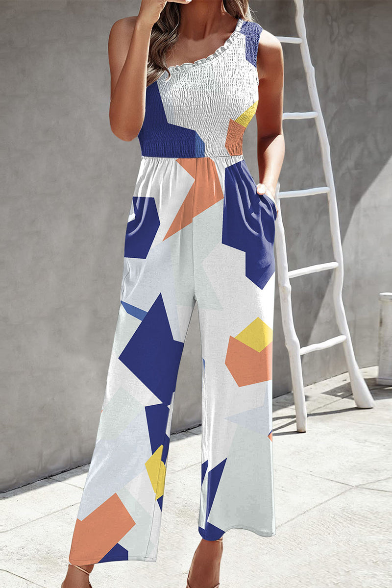 Print Patchwork Pocket Oblique Collar Loose Jumpsuits