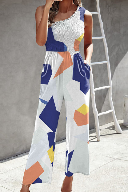 Print Patchwork Pocket Oblique Collar Loose Jumpsuits