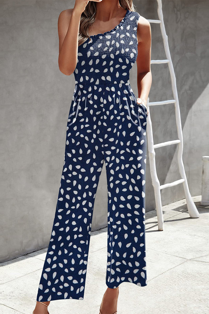 Print Patchwork Pocket Oblique Collar Loose Jumpsuits