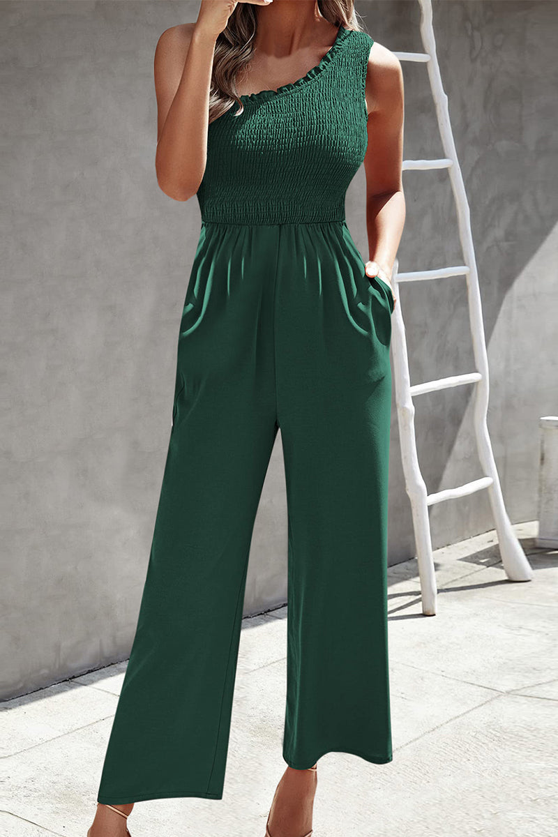 Print Patchwork Pocket Oblique Collar Loose Jumpsuits