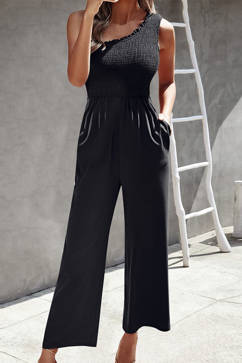 Print Patchwork Pocket Oblique Collar Loose Jumpsuits