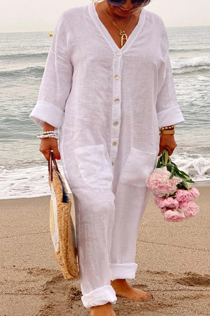 Vacation Pocket Buckle V Neck Loose Jumpsuits