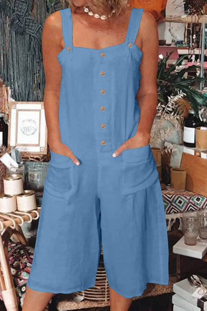Daily Pocket Buttons Square Collar Loose Rompers