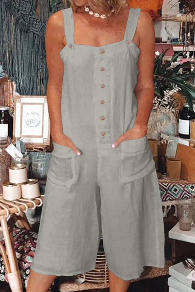 Daily Pocket Buttons Square Collar Loose Rompers