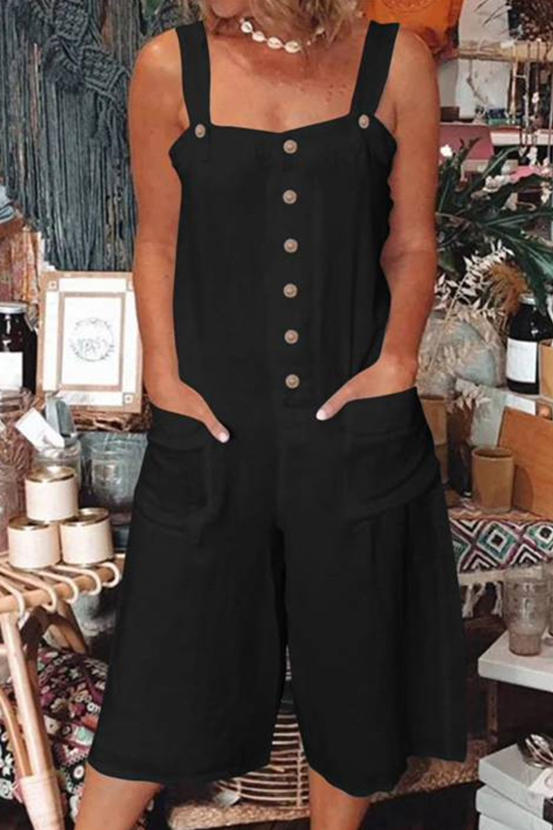 Daily Pocket Buttons Square Collar Loose Rompers