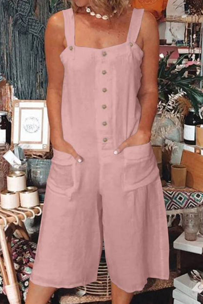 Daily Pocket Buttons Square Collar Loose Rompers