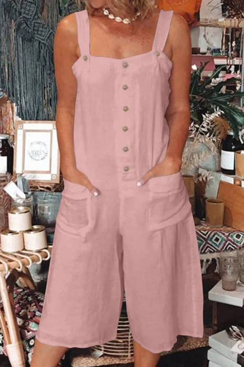 Daily Pocket Buttons Square Collar Loose Rompers