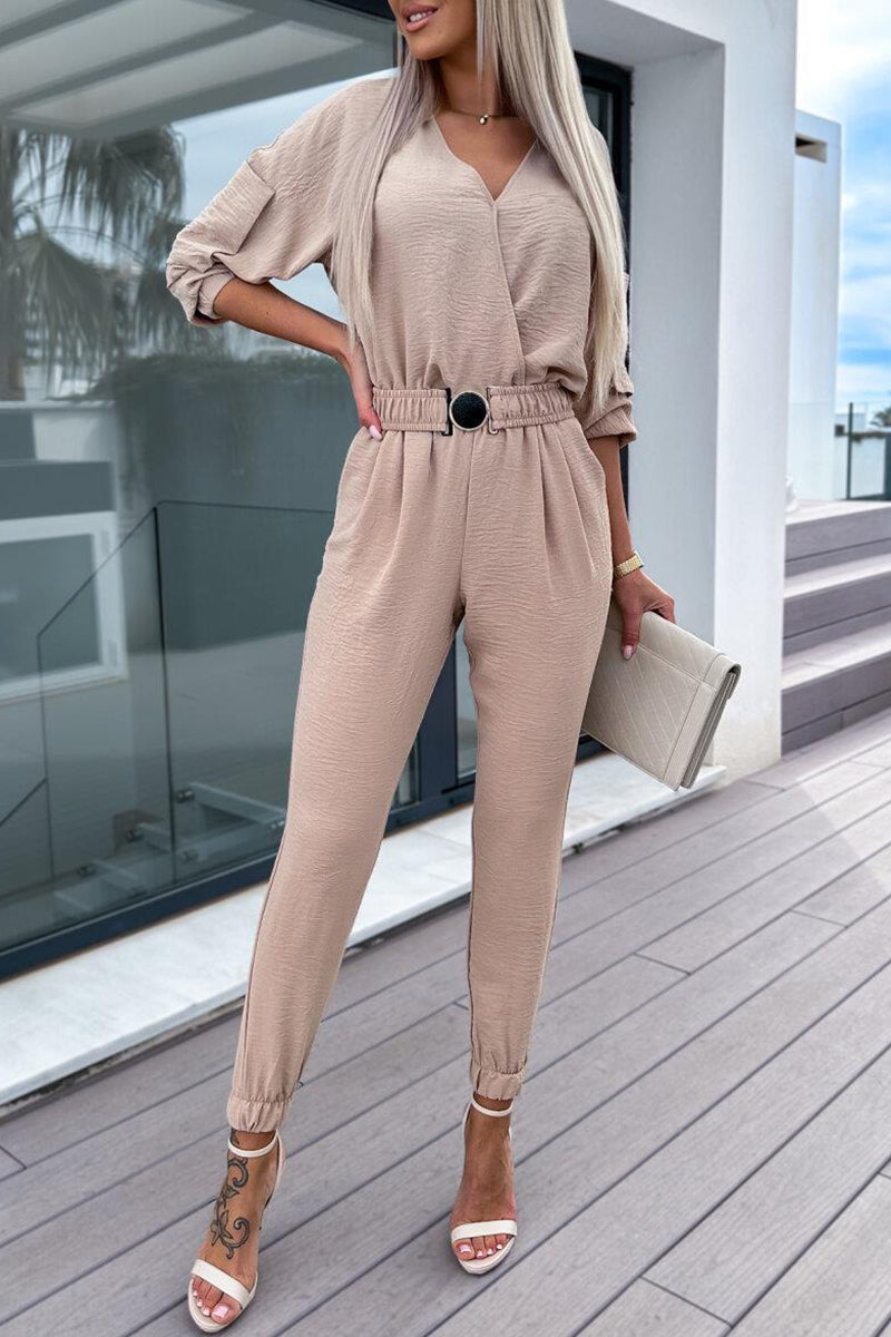 Sweet Simplicity Pocket With Belt V Neck Regular Jumpsuits