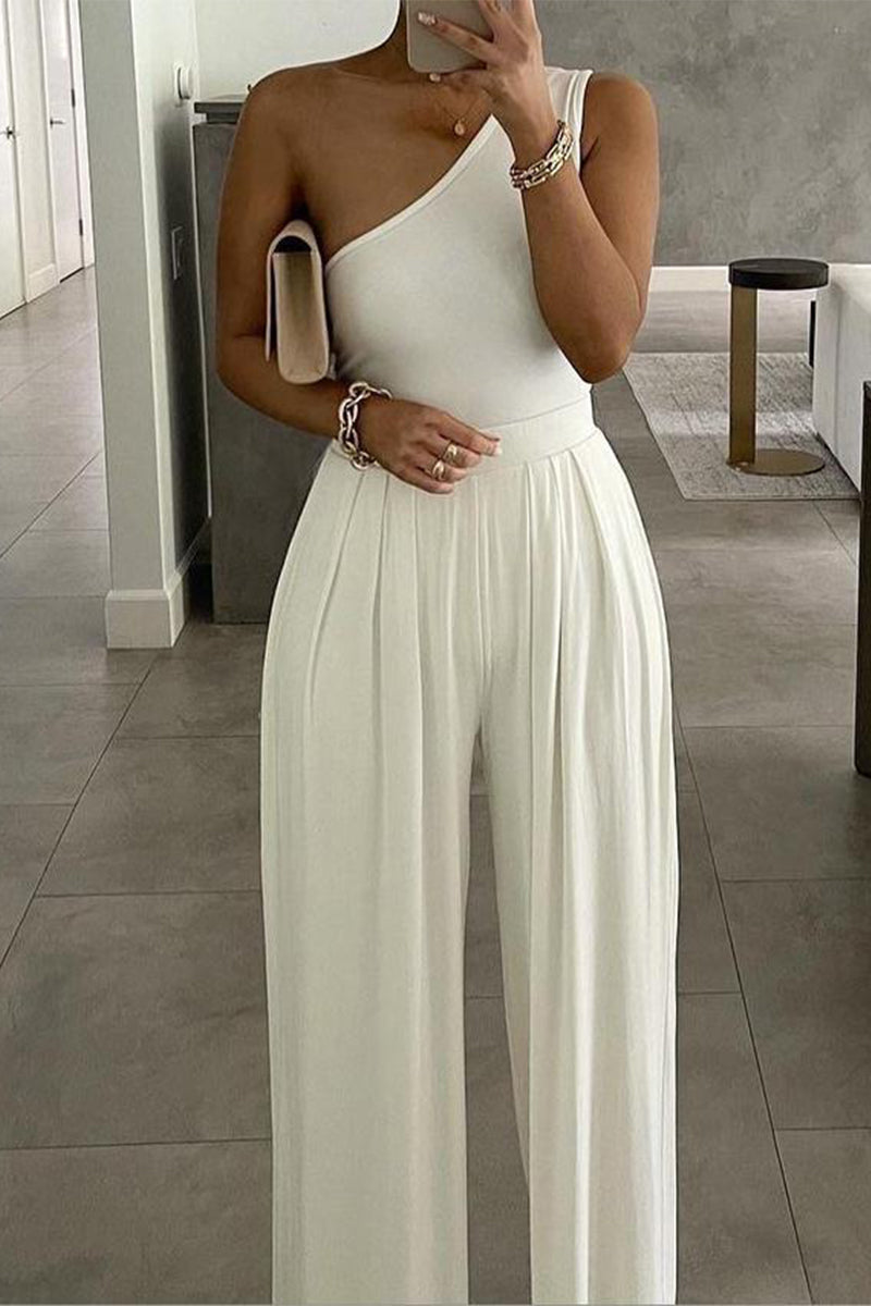 Simplicity Asymmetrical Color One Shoulder Loose Jumpsuits