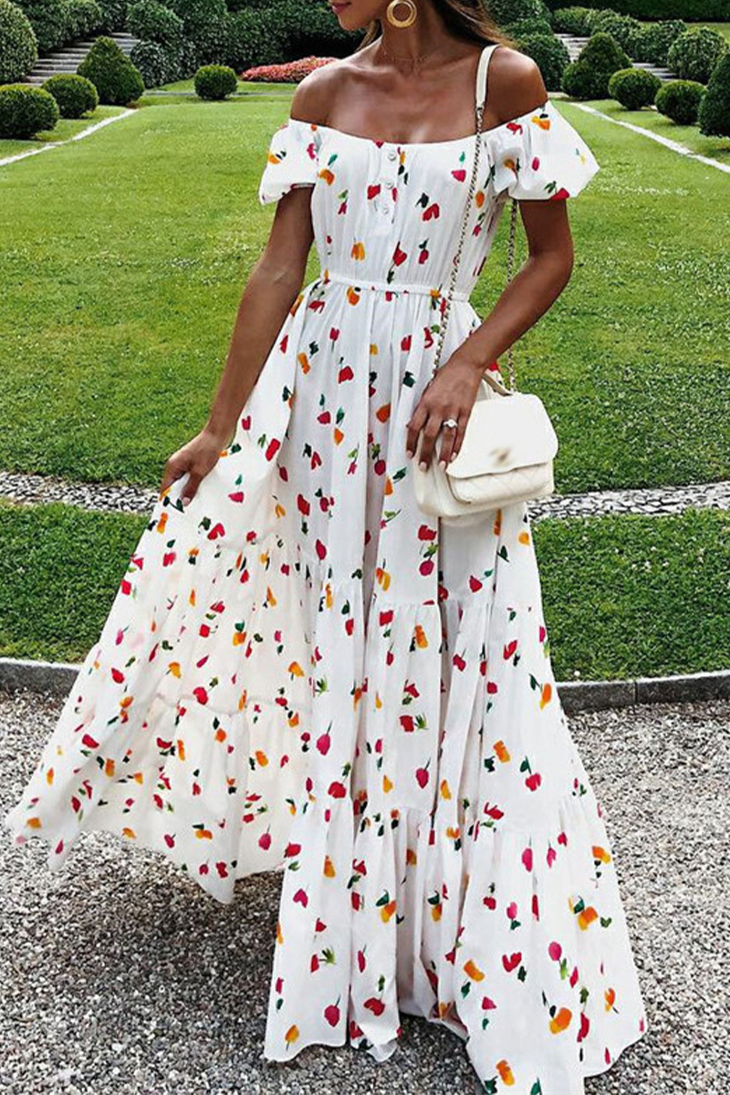 Print Patchwork Off the Shoulder Waist Skirt Dresses
