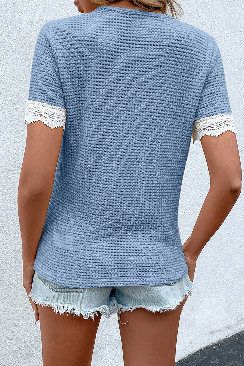 Work Lace Contrast V Neck T-shirts