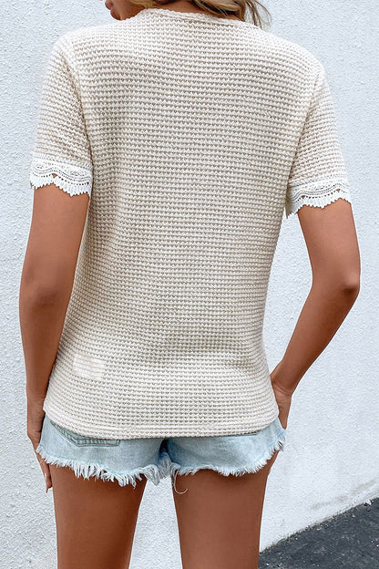Work Lace Contrast V Neck T-shirts
