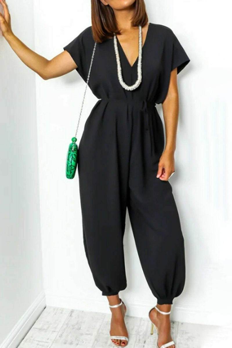 Simplicity Frenulum V Neck Loose Jumpsuits