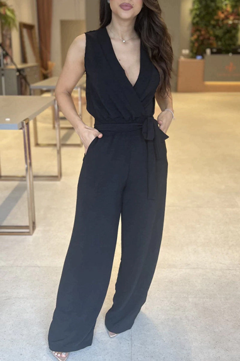 With Belt V Neck Regular Jumpsuits