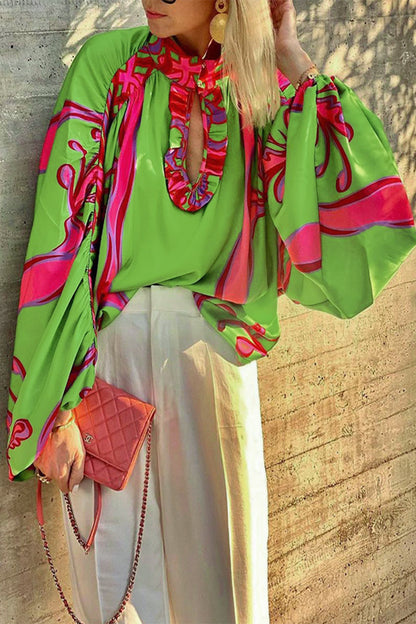 Geometric Print Buttons O Neck Blouses