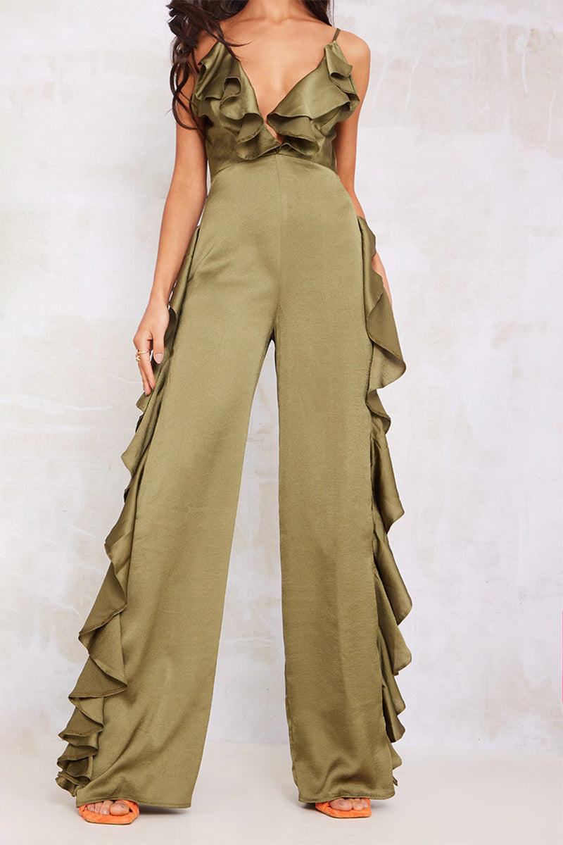 Backless Flounce V Neck Loose Jumpsuits