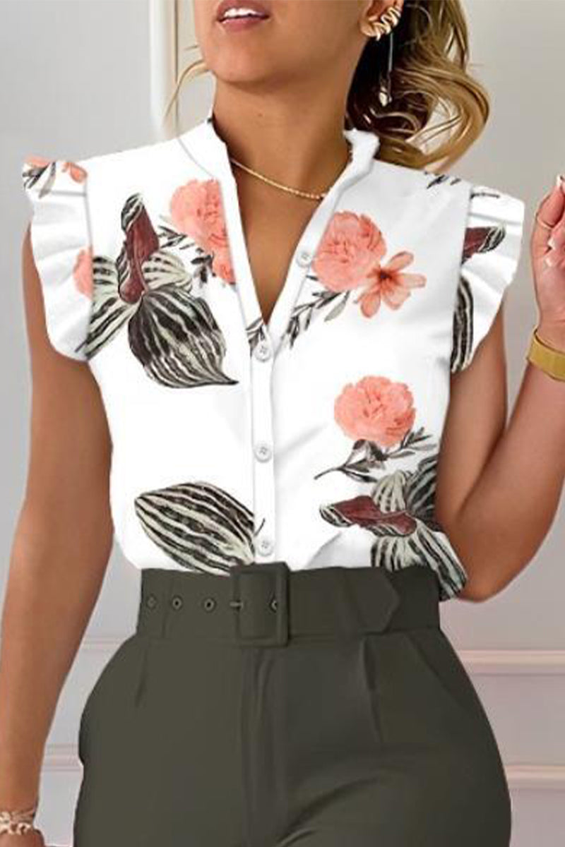 Celebrities Print Patchwork V Neck Blouses(8 Colors)
