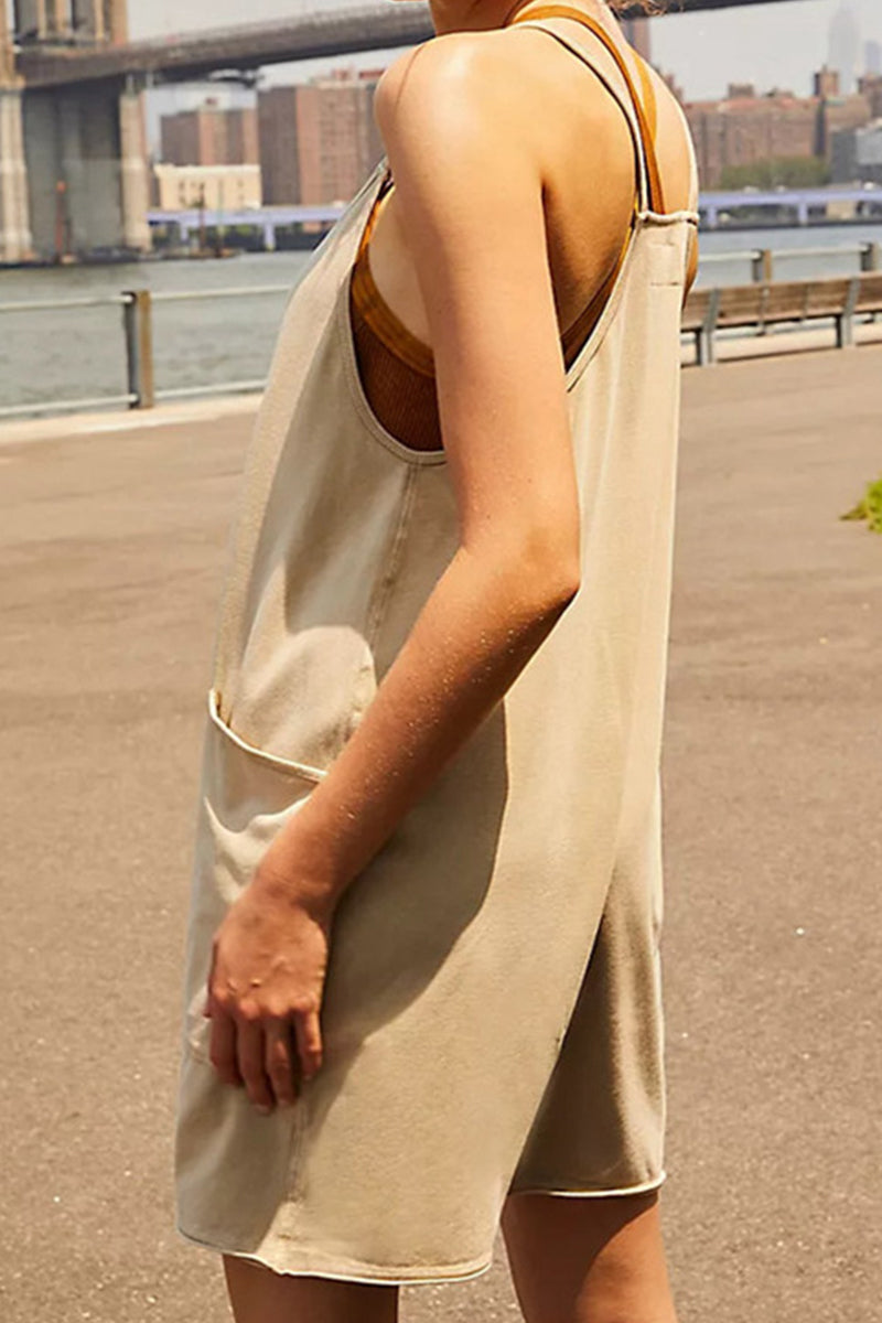 Simplicity Pocket V Neck Loose Rompers