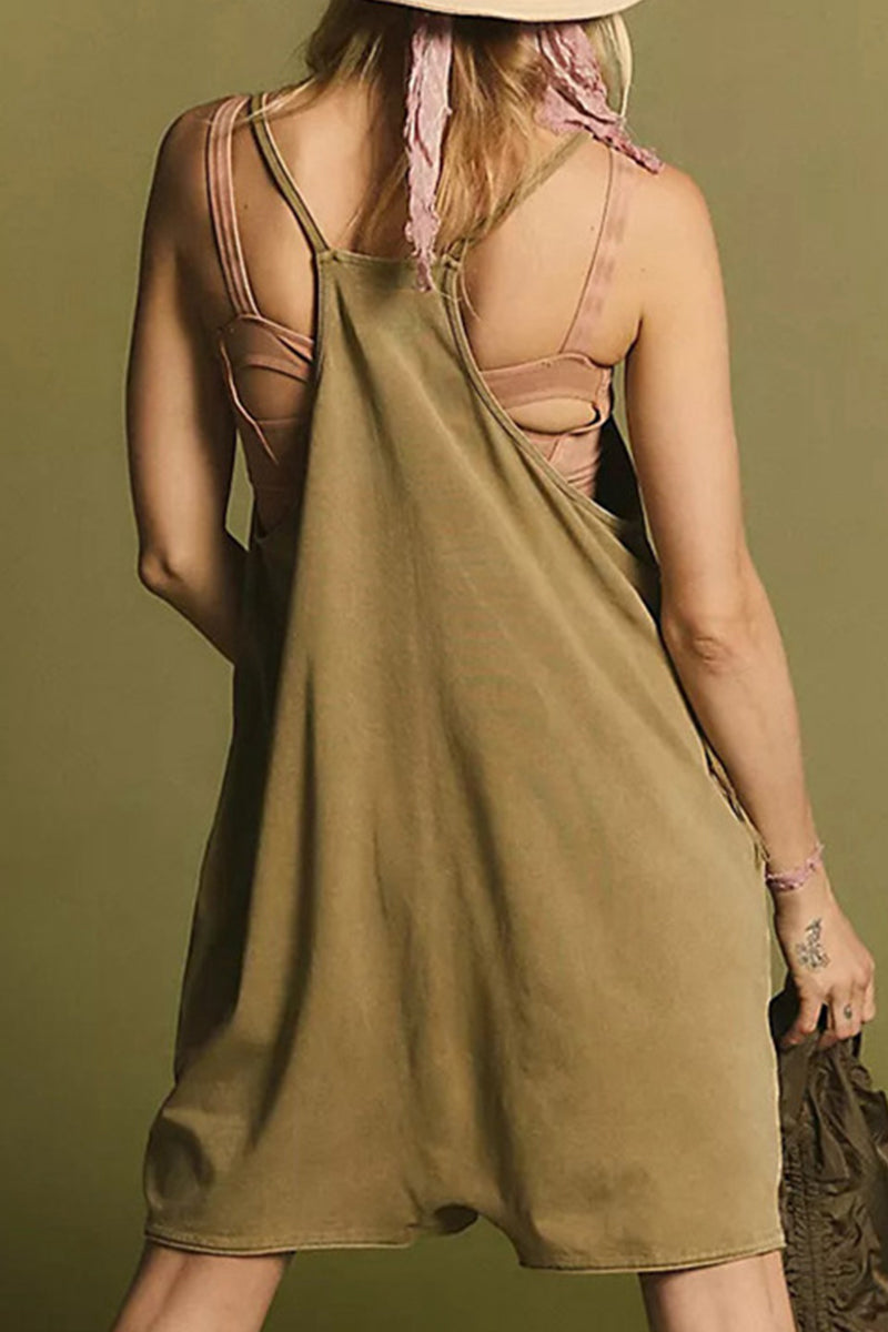 Simplicity Pocket V Neck Loose Rompers
