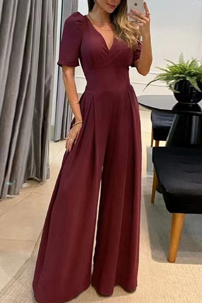 Pocket V Neck Straight Jumpsuits