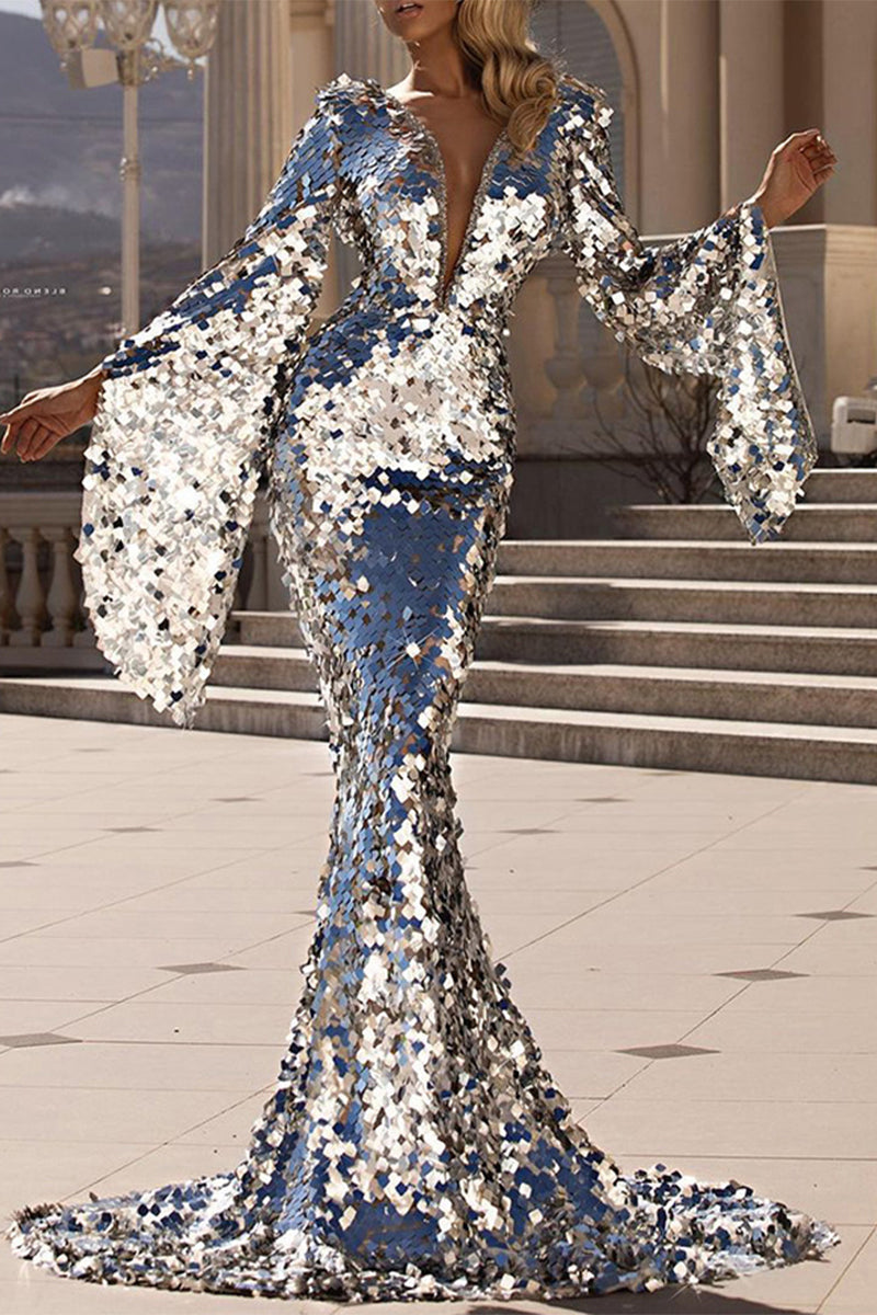 Formal Patchwork V Neck Wrapped Skirt Dresses