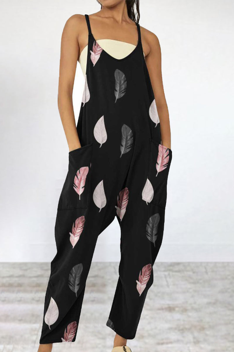 Print Patchwork Pocket V Neck Loose Jumpsuits