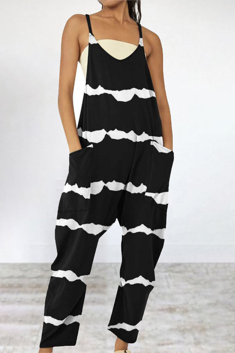 Print Patchwork Pocket V Neck Loose Jumpsuits